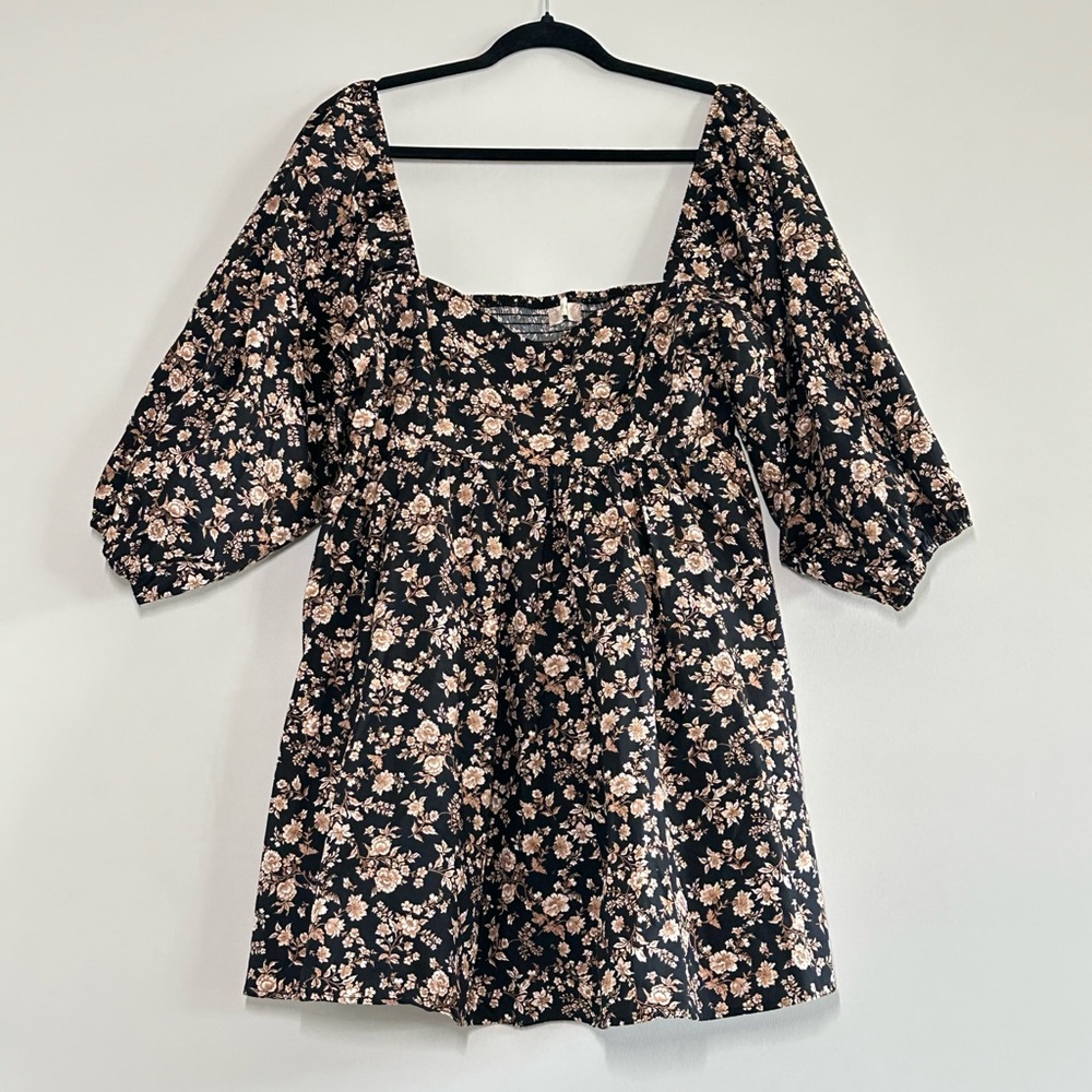 Altar'd State Square Neck Floral Babydoll Dress Black and Brown Size L